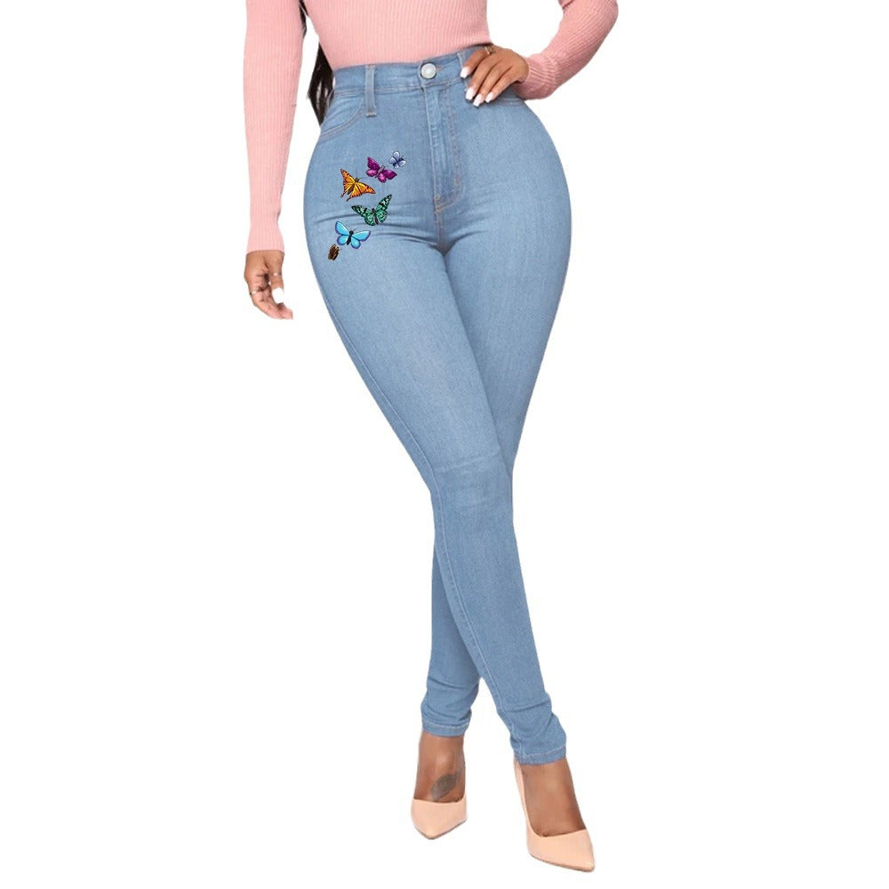 Independent station best sellingprinting butterfly jeans women's 4 flap pocket pants cross-border fashion style pants female sexyhigh waist