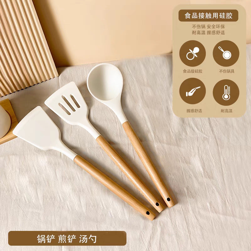 High temperature resistant wooden handle silicone kitchenware silicone spatula spoon three-piece set cooking spatula kitchen supplies non-stick spatula suit