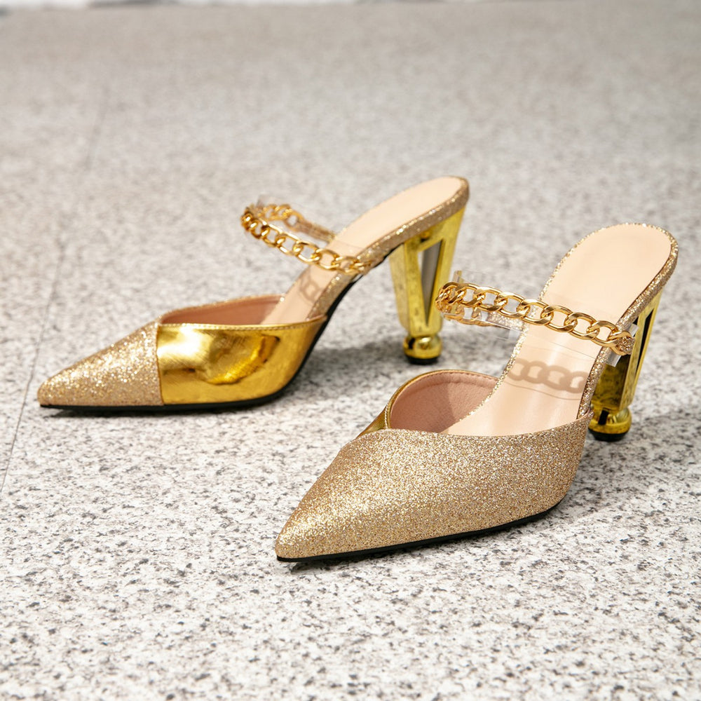 Women's gold heeled sandals - party shoes with unique heel, chain detail, pointed toe, color block design, and minimalist high heels