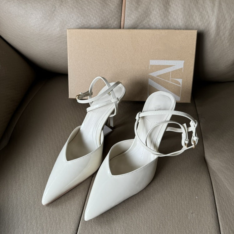 Summer new arrivals: women's white patent leather high heels - pointed toe, sexy professional sandals, closed-toe, open back