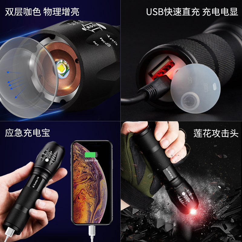 Flashlight, strong light, rechargeable household outdoor long-distance light, super bright zoom, small portable mini power bank led flashlight