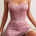 Amazon european and american style home wear multi-color heart print ribbed jacquard sexy lingerie set with camisole and shorts