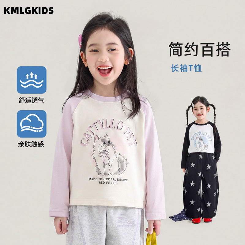 Factory wholesale  autumn new casual girl's sweet raglan sleeve patchwork t-shirt top for toddlers and young children