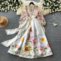 Vintage court style v-neck lantern sleeve printed dress - women's summer tie-waist slimming maxi dress with elegant flare
