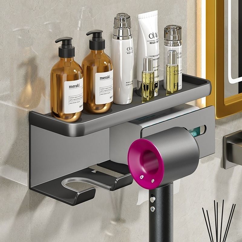 Light luxury gray hair dryer rack, punch-free bathroom storage rack, hair dryer rack, wall-mounted rack, three-in-one hair dryer