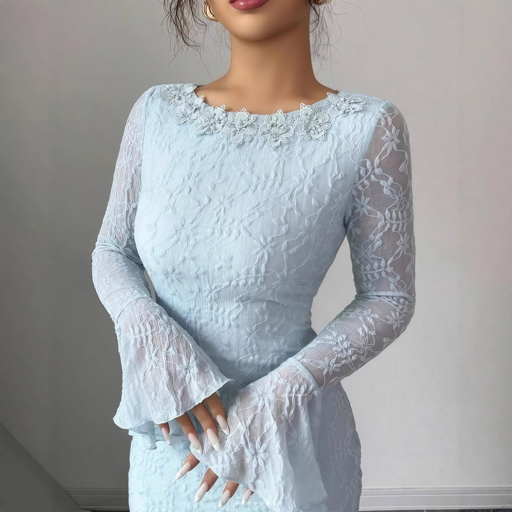 European and american cross-border women's fashion:  early autumn new arrival - solid color flared long sleeve crew neck slim fit maxi mermaid dress