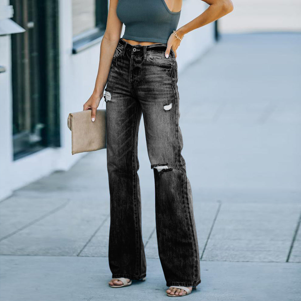 Fashion cross-border independent station new arrival  casual pants slimming lookelegant ripped denim loose pants pants for women trendy