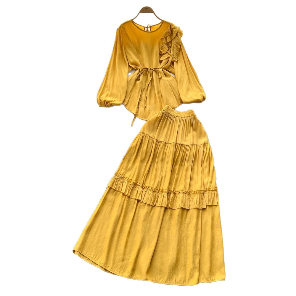 European and american retro style mature woman's minimalist chic set - spring puff sleeve top + elastic waist slimming midi skirt