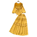 European and american retro style mature woman's minimalist chic set - spring puff sleeve top + elastic waist slimming midi skirt