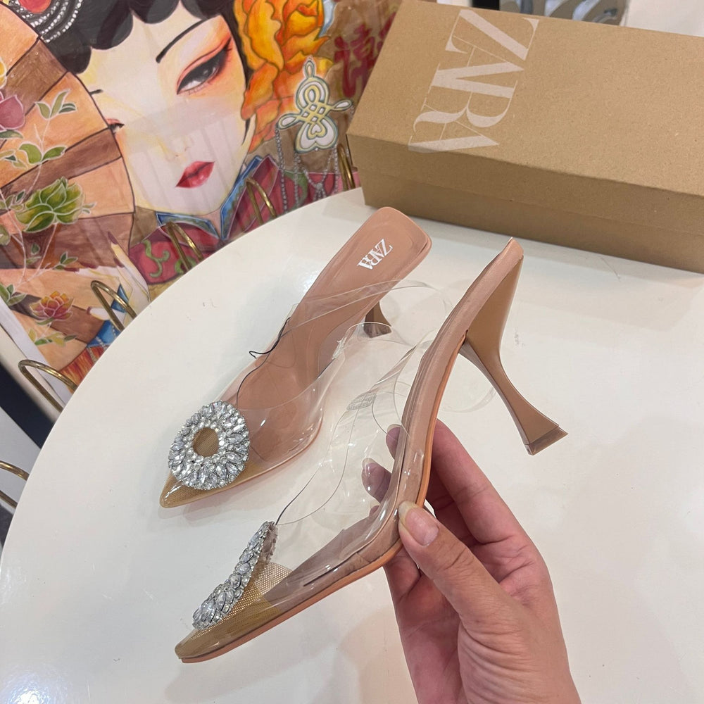 Za 2024 summer new arrivals: women's clear rhinestone elegant fairy crystal mules, high heel pointed toe sandals