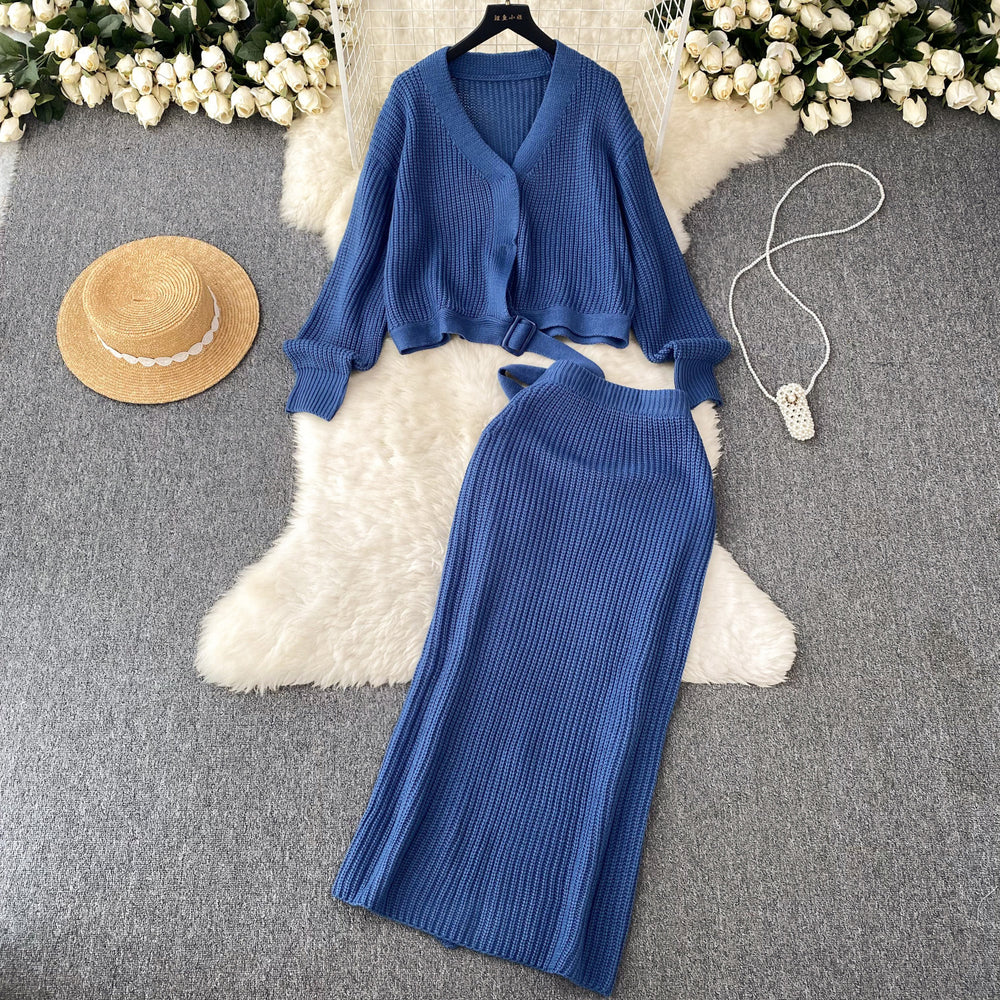 French chic knit set: effortless luxury for women - autumn/winter loose fit long sleeve top + high-waisted midi skirt