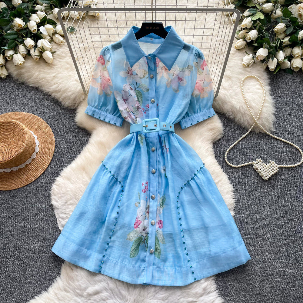 French country style rhinestone embellished slimming a-line dress - women's summer korean style short sleeve floral print shirt dress