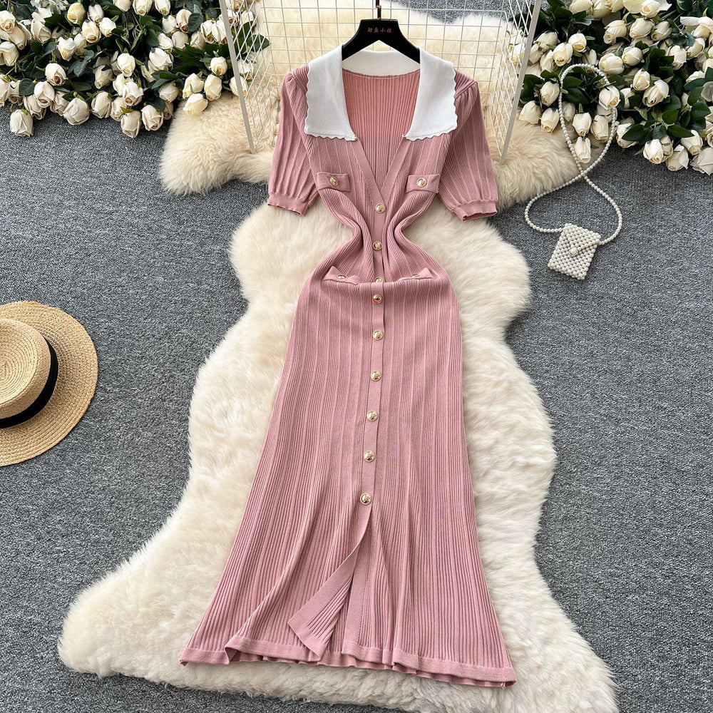 Frenchretrocontrast color lapel short sleeve metal button silmdress women's waist slimmingelegant slit knitting skirt
