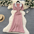 Frenchretrocontrast color lapel short sleeve metal button silmdress women's waist slimmingelegant slit knitting skirt
