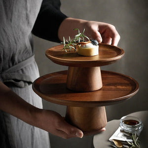 Japanese-style acacia wood cake stand - wooden tray display for weddings, dessert tables, home decor, and fruit/snack serving