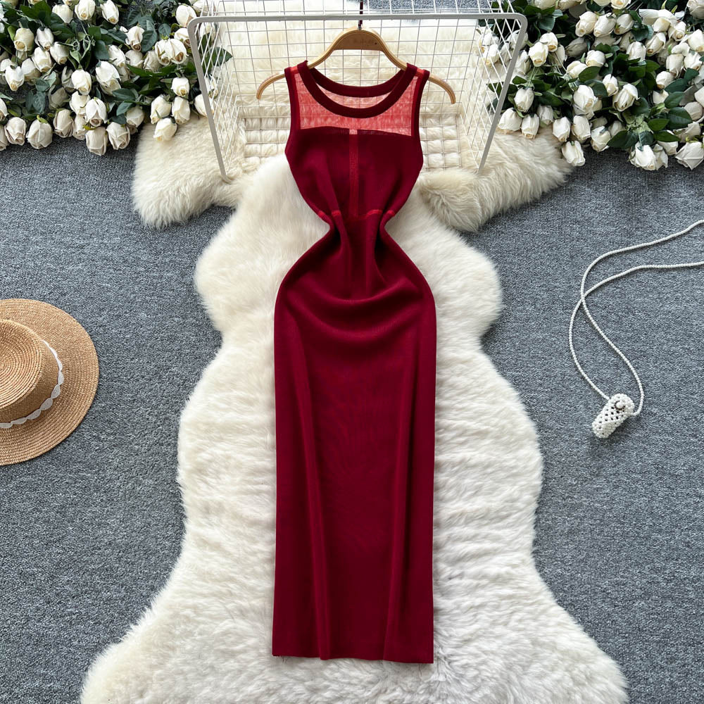 Luxury chic mesh panel sleeveless knit dress -  summer slim fit bodycon dress