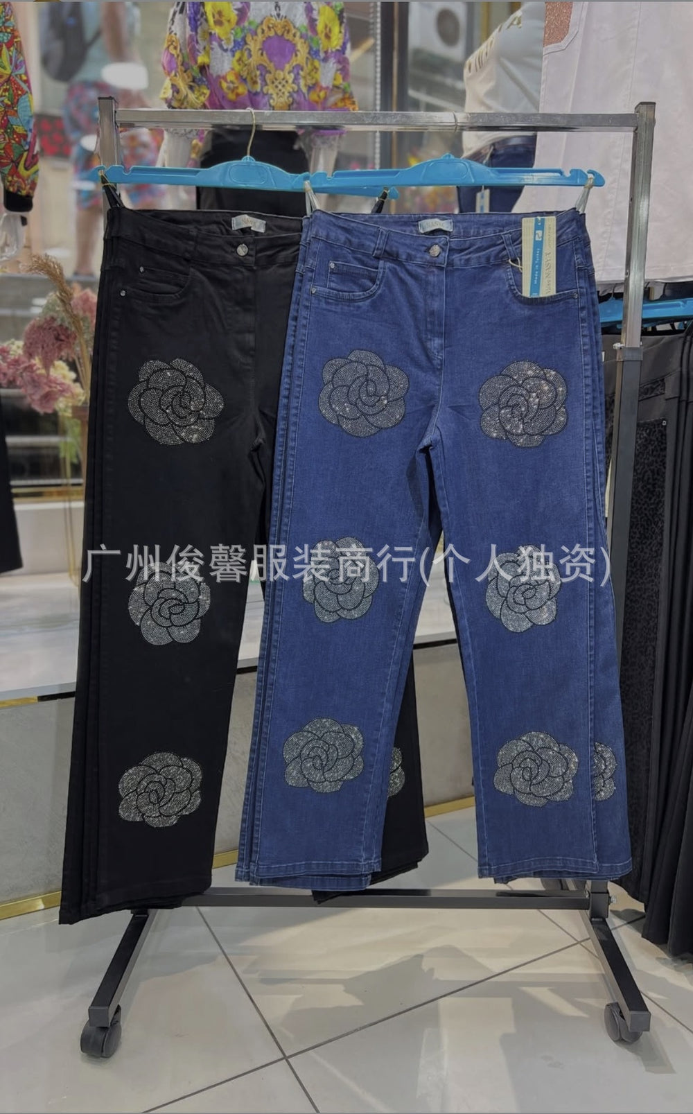 Boyfriend jeans availablenew arrivalheavy industry embroider hot diamond wide leg jeans women's straight-leg pants