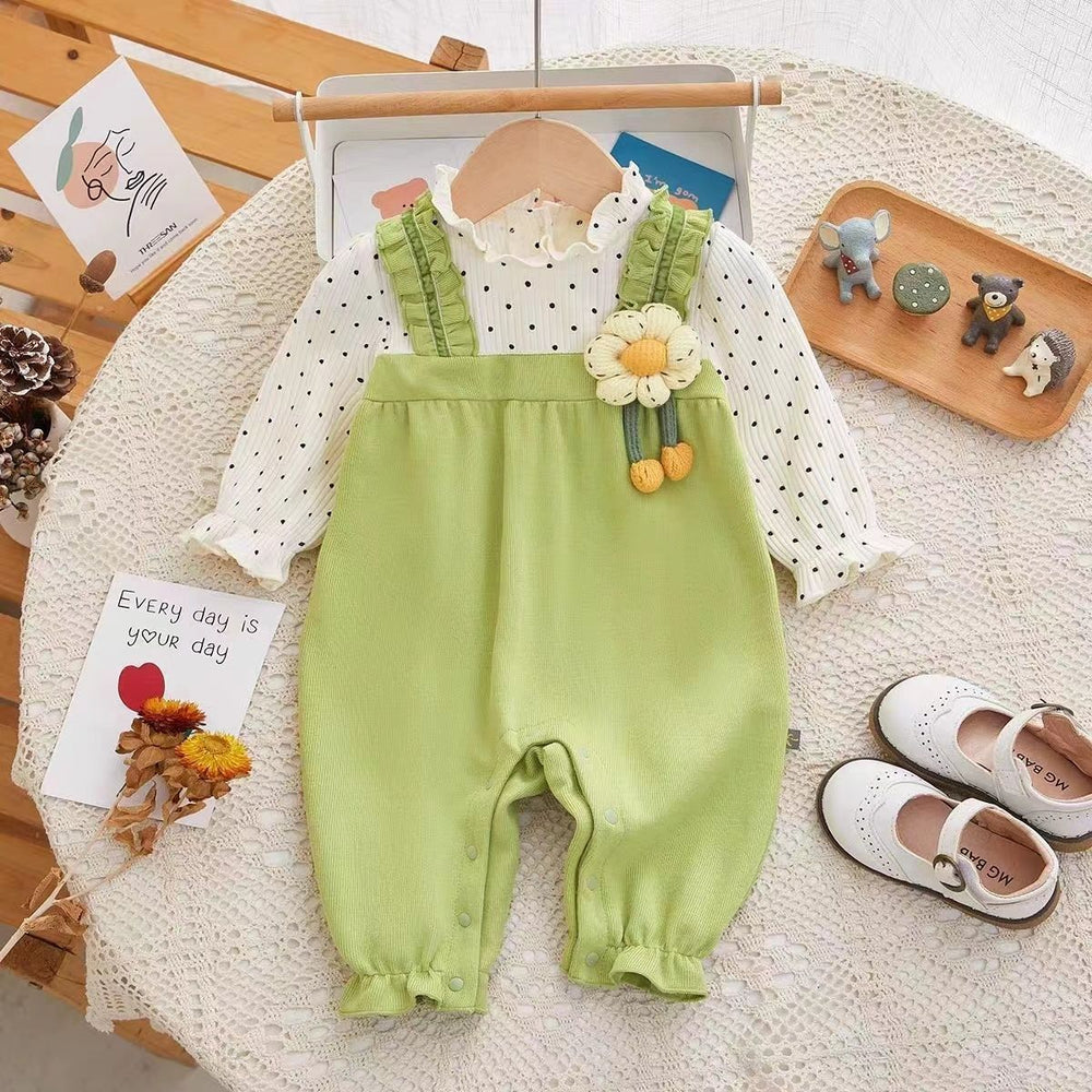 Baby girl's autumn outfit: polka dot & 3d floral long-sleeve romper - newborn infant clothes, super cute new style, trendy onesie