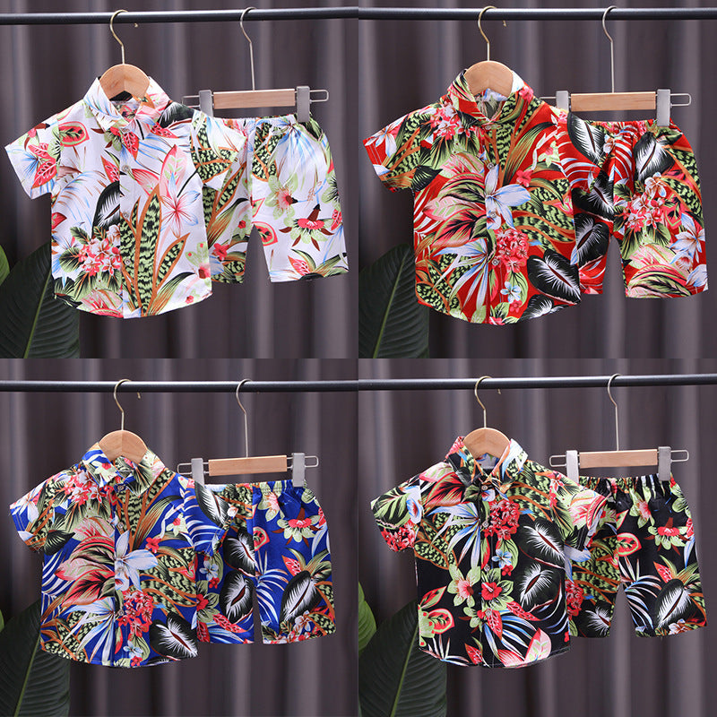 Kids' floral shirt set, 0-4 years old boys' all-over print short-sleeve t-shirt two-piece set, southeast asian style children's clothing wholesale