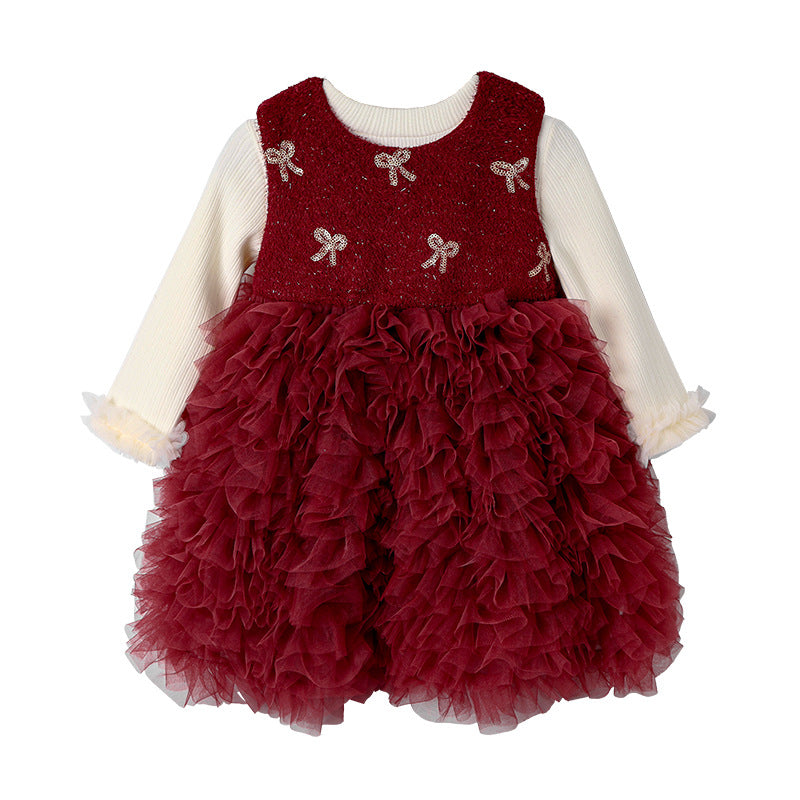 Girls' fleece-lined dress winter outfit kids birthday princess dress stylish tulle skirt high-end chanel-inspired formal gown