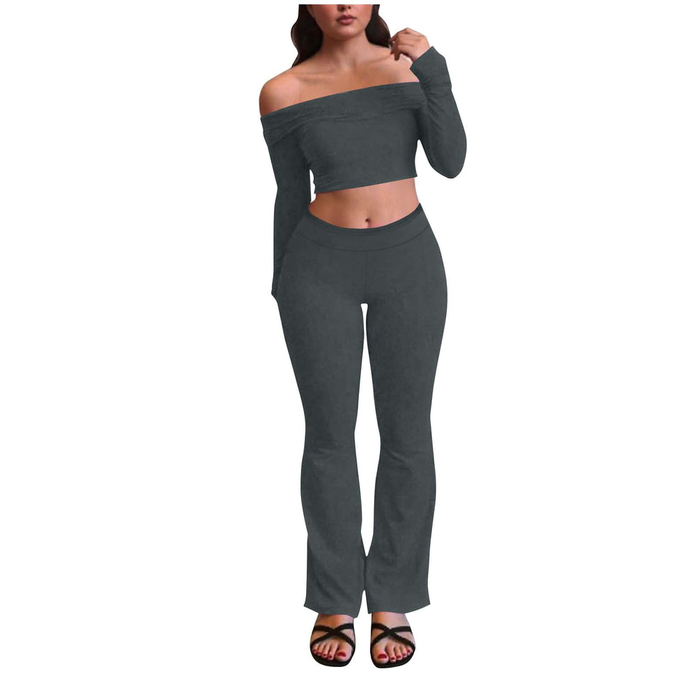 women's cross-border fashion casual slim-fit off-the-shoulder long sleeve top and elastic waist long pants tracksuit set
