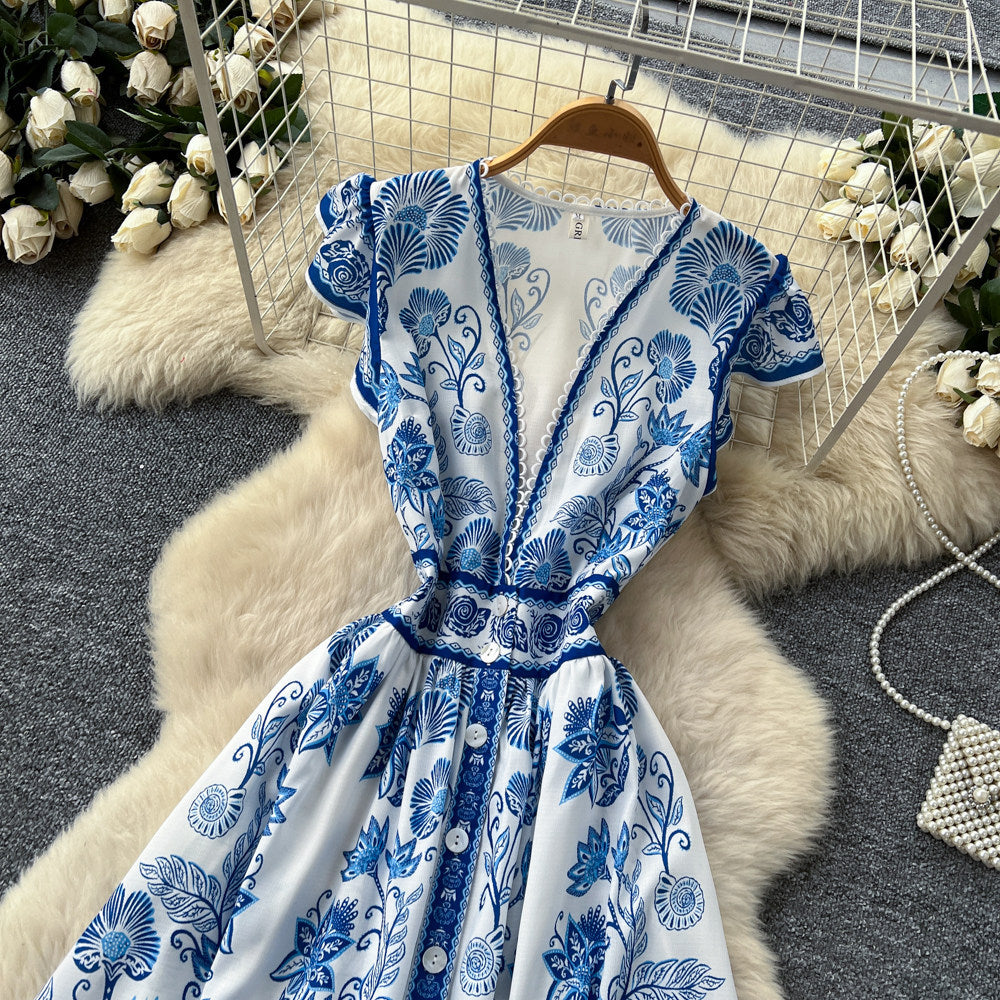 Luxury blue and white porcelain style v-neck sleeveless printed dress - women's new summer collection, slimming a-line maxi dress, elegant