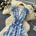 Luxury blue and white porcelain style v-neck sleeveless printed dress - women's new summer collection, slimming a-line maxi dress, elegant