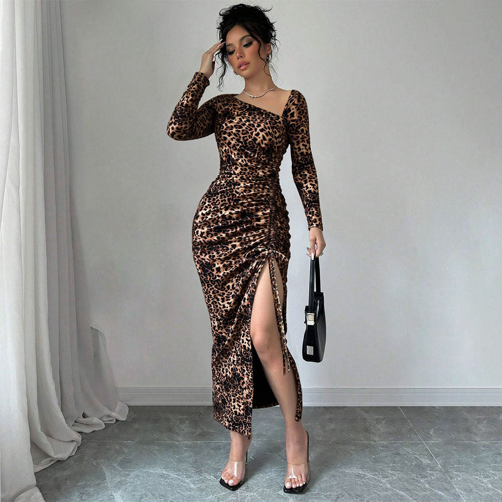 Shein independent station  women's clothing European and American sweet and spicy style leopard print dress autumn and winter sexy babes slit dress
