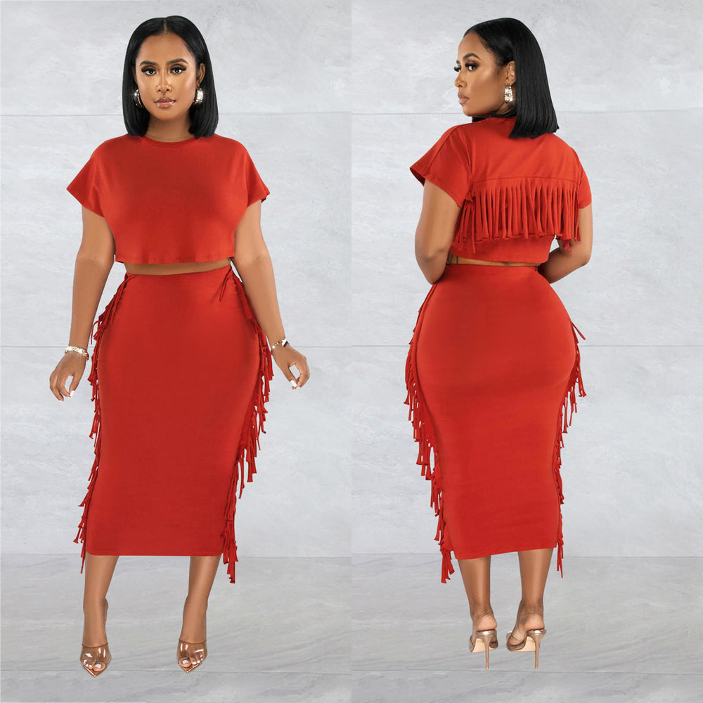 X6331 cross-border   fashion women's solid color tassel crew neck short sleeve maxi dress two-piece set