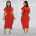 X6331 cross-border   fashion women's solid color tassel crew neck short sleeve maxi dress two-piece set