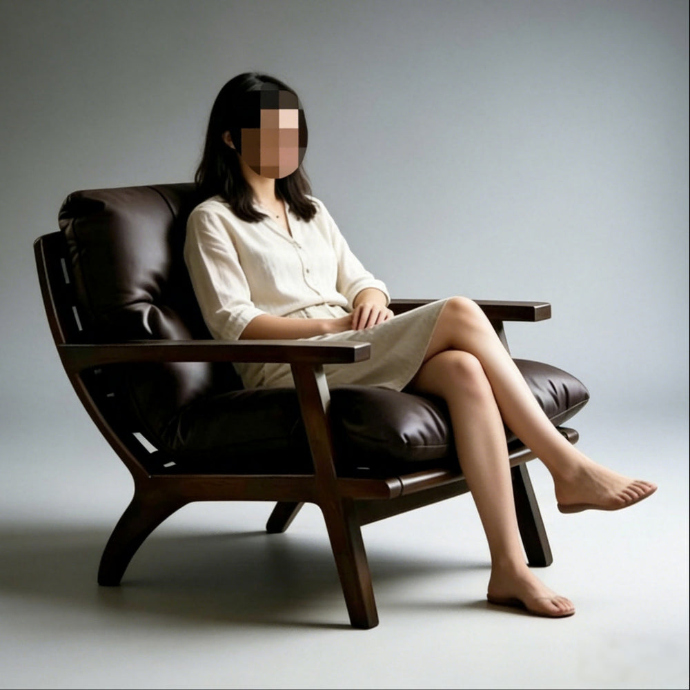 Second-hand style genuine leather chair designer retro house single sofa large flat floor living room balcony casual reading tea chair
