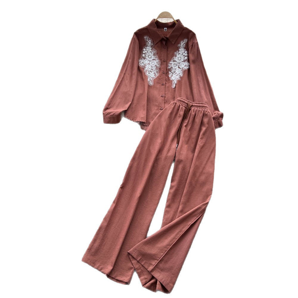 European and american style casual suit for women - autumn collection: heavily embroidered beaded mesh panel long sleeve loose-fit shirt with high-waisted wide-leg pants