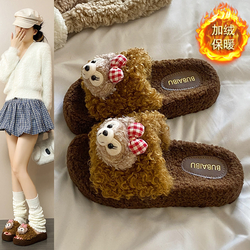 Cute shirley rose curly teddy hair thick cashmere cotton slippers women's fall and winter outwear non-slipheattech open toe cotton