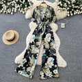 Commuter style v neckfloralsprintingtwo-piece set female autum light mature styleslimming look wide-leg jumpsuitelegantsuit