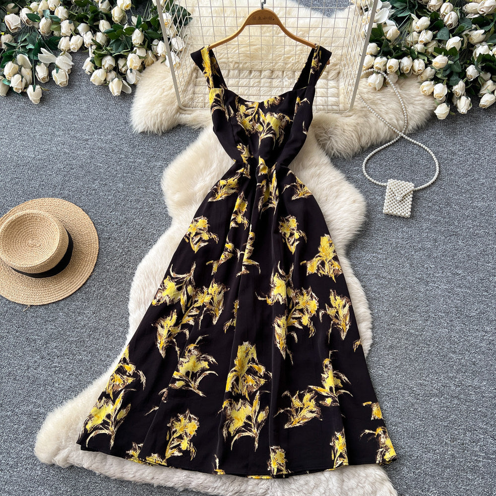 French riviera style red floral print sleeveless dress - women's summer korean high-waisted a-line slimming maxi dress