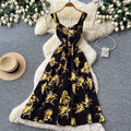 French riviera style red floral print sleeveless dress - women's summer korean high-waisted a-line slimming maxi dress