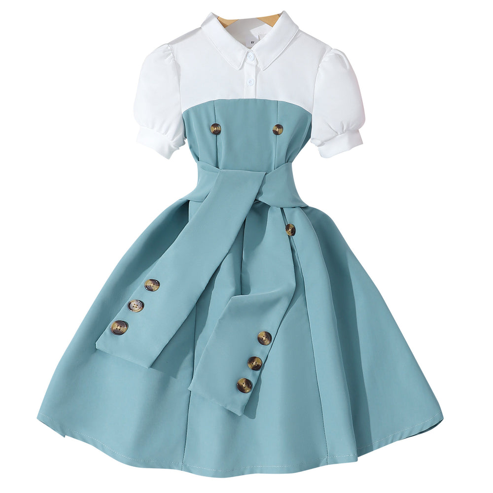 Children's short-sleeved lapel button patchworkcontrast colordress