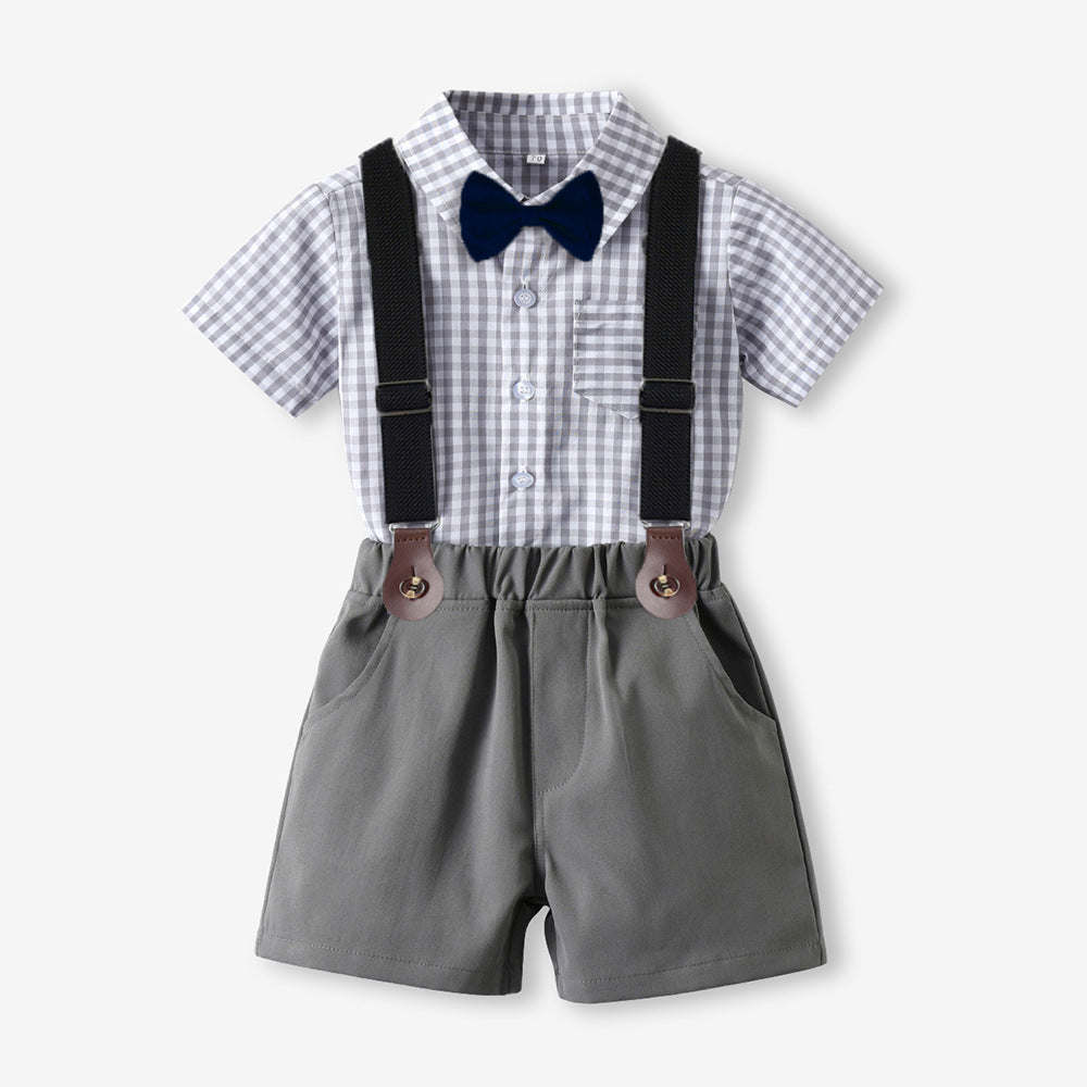 Boys' summer short-sleeve overalls set: cotton white shirt birthday performance outfit, korean style kids' clothing