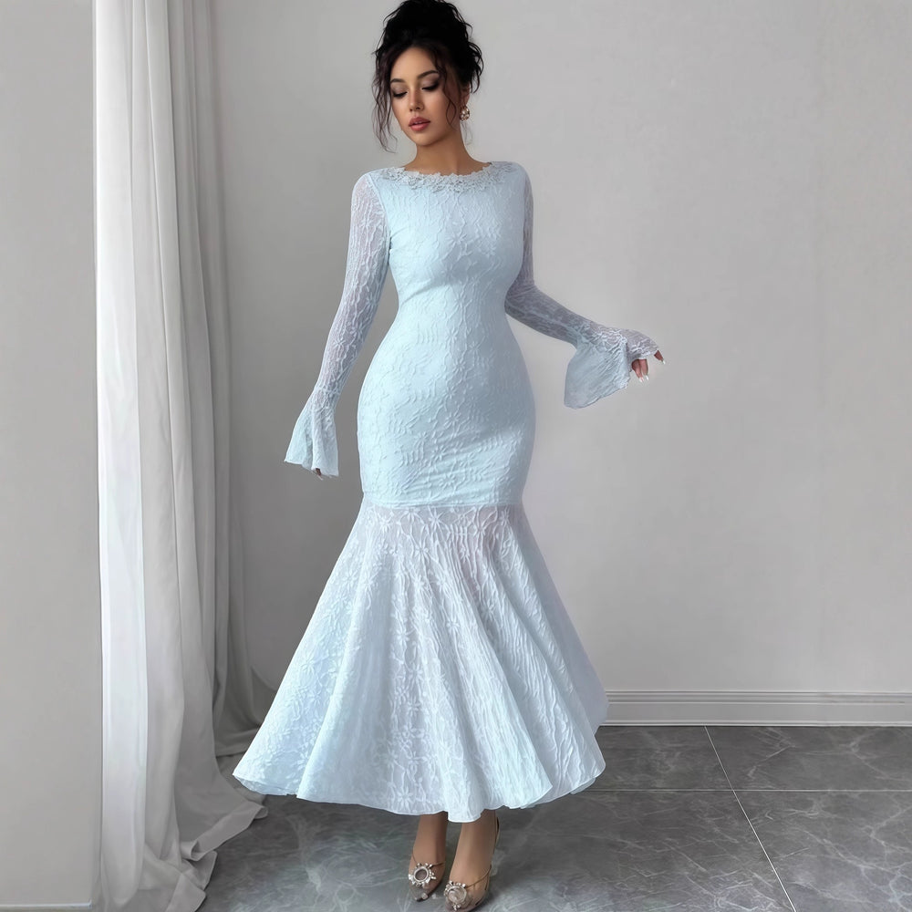 European and american cross-border women's fashion:  early autumn new arrival - solid color flared long sleeve crew neck slim fit maxi mermaid dress