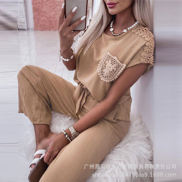 ODL1064 European and American women's lace splicing top + wide-leg pants casual set 2-piece set