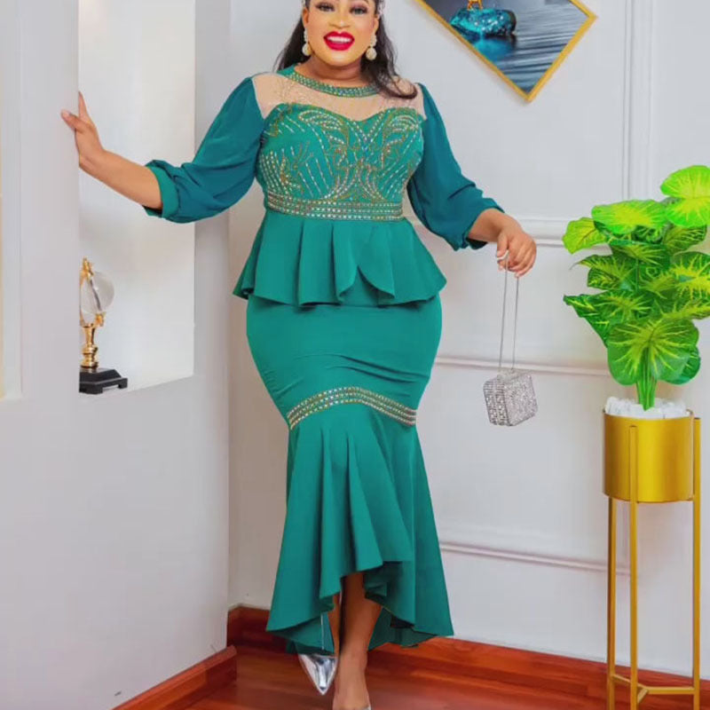 new african cross-border fashion: mesh panel solid color rhinestone two-piece set