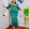 new african cross-border fashion: mesh panel solid color rhinestone two-piece set