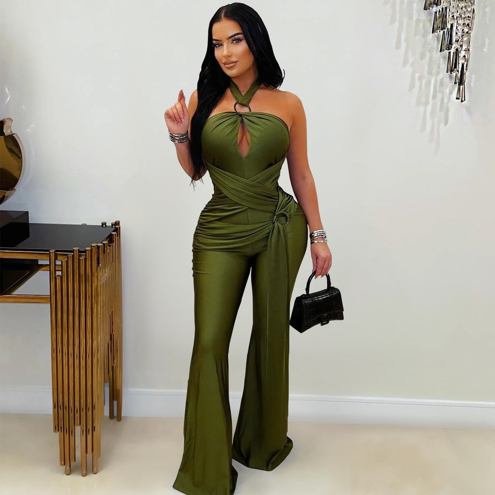 C7570 cross-border   fashion women's solid color elegant halter wide leg sleeveless jumpsuit