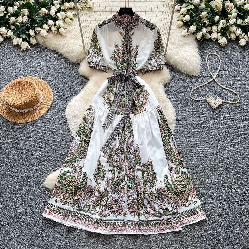 Vintage print tie-waist short sleeve elegant dress - women's summer high-waisted a-line dress - slimming, figure-flattering, work-ready maxi dress