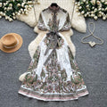 Vintage print tie-waist short sleeve elegant dress - women's summer high-waisted a-line dress - slimming, figure-flattering, work-ready maxi dress