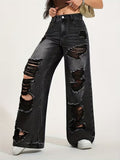 European and american heavy-duty distressed black and grey wash wide-leg jeans - women's high-waisted straight-leg streetwear hot girl style trousers