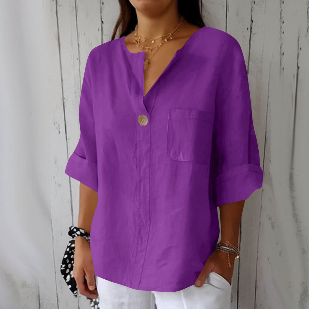 cross-border fashion summer new loose t-shirt women's v neck cotton and linen button tops