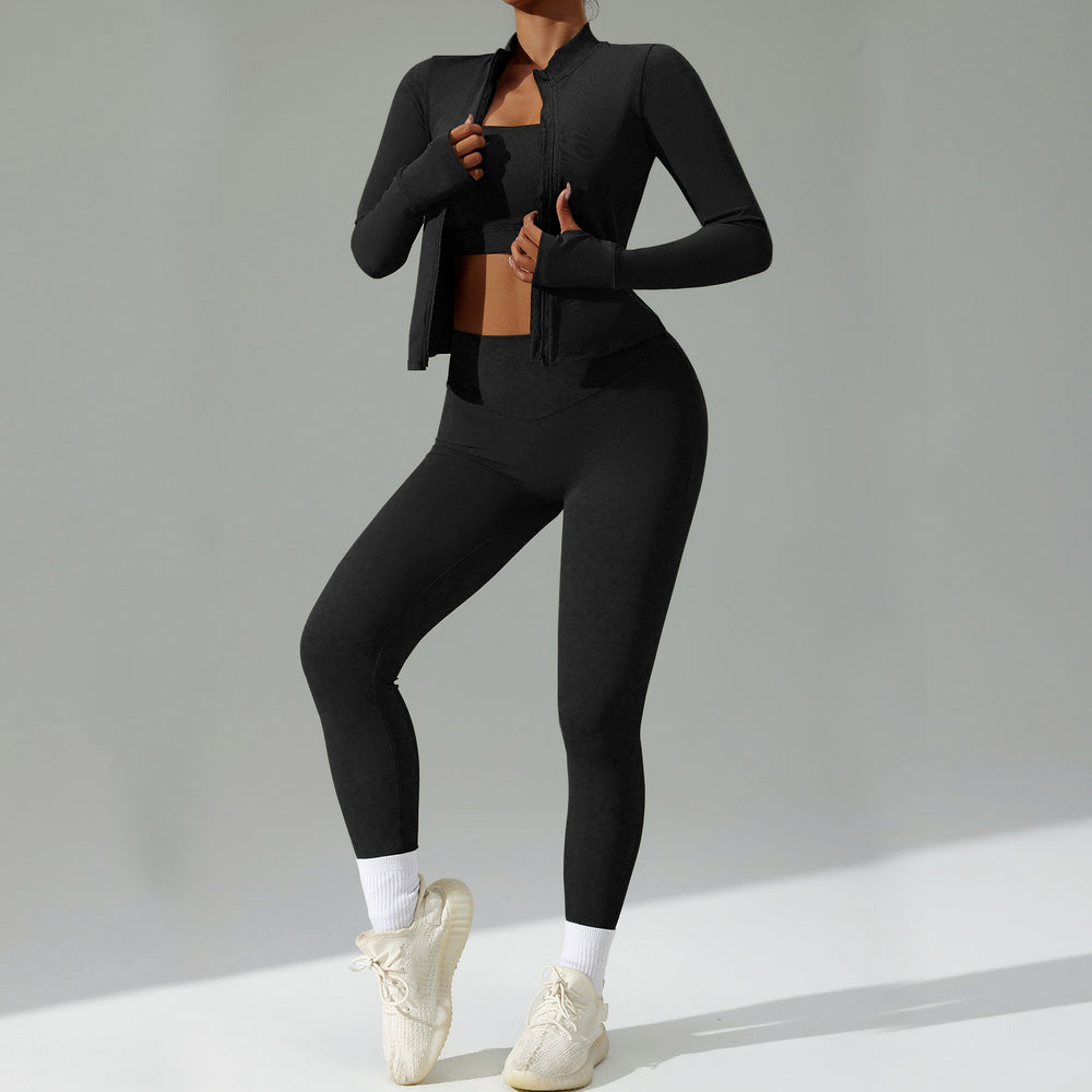 new women's tight-fitting yoga set - cardigan running sportswear set, quick-dry fitness outfit, three-piece set