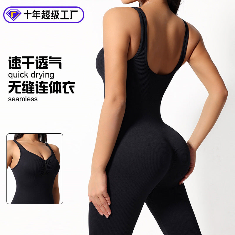 2025 spring and summer zipper threaded U-shaped backless jumpsuit women's shoulder strap fitness jumpsuit body sculpting yoga suit