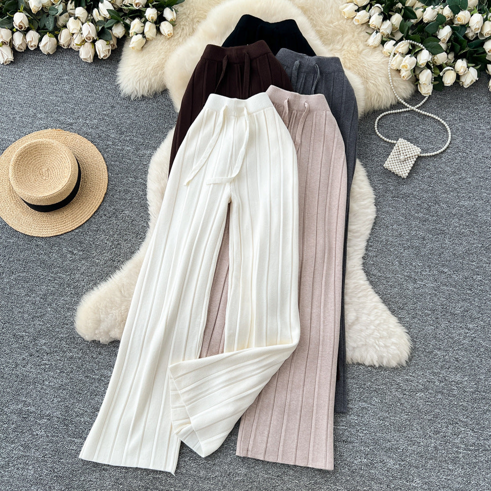 Lazy casualeasiest for matchknittingloose pants for women 2025fall and winterlooseslimming look elastic waist vertical pattern sweaterstraight-leg pants